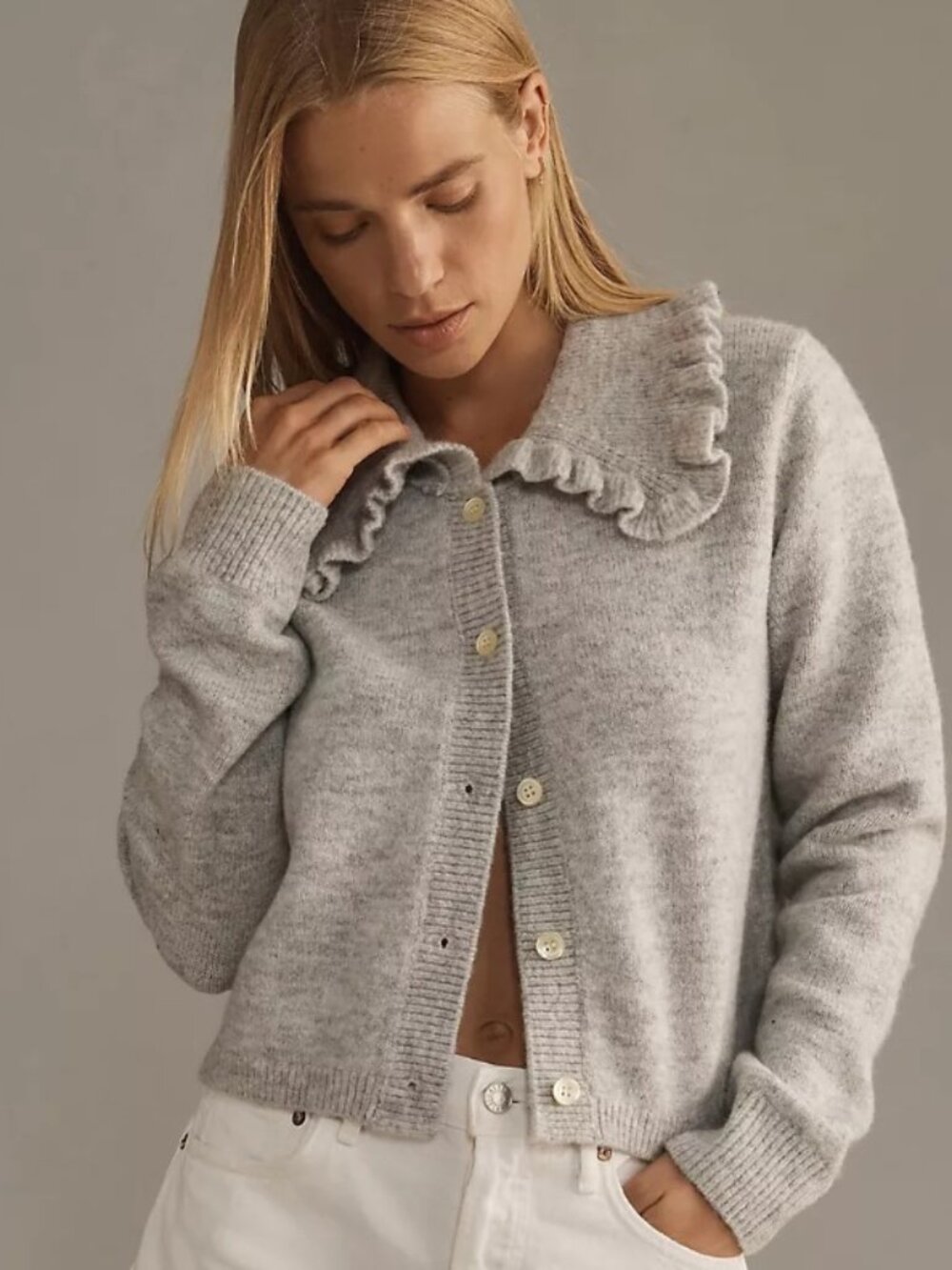 Self-Contrast The Ainsley Ruffle-Collar Cardigan in Grey